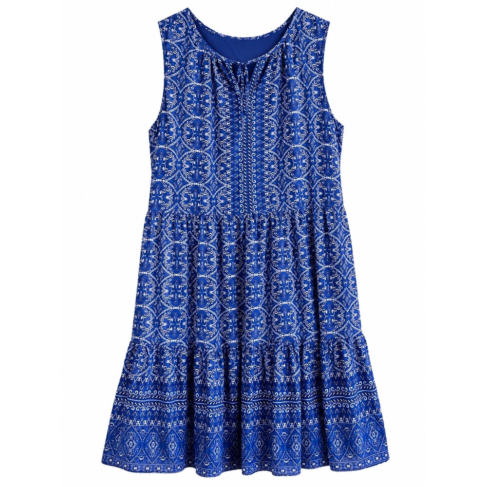 Talbots Voile Swing Dress L Large Blue Medallion Print Cotton Lined Tie Neck